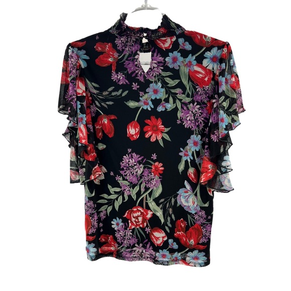 Mock neck layered floral sheer flutter sleeve top office going out lightweight - Picture 2 of 8